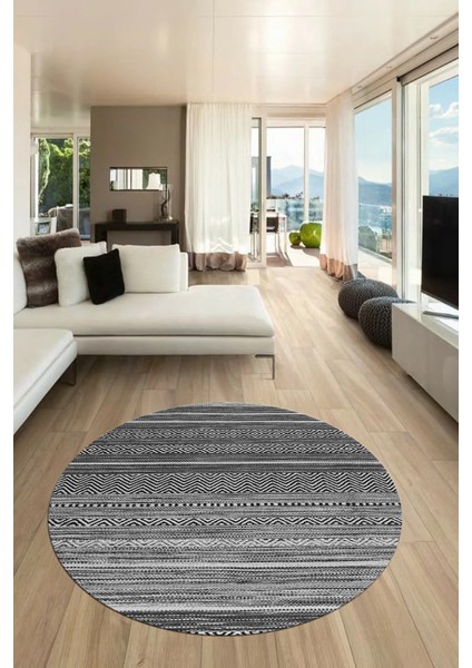 Modern Kilim Desenli Dijital Kaymaz Yıkanabilir Yuvarlak Mutfak Salon Halısı Y-Modern-17-Gri