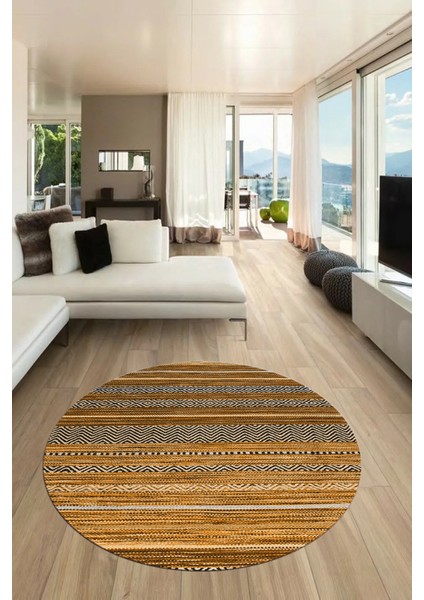 Modern Kilim Desenli Dijital Kaymaz Yıkanabilir Yuvarlak Mutfak Salon Halısı Y-Modern-17-Kahve