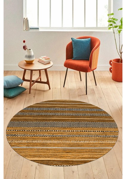 Modern Kilim Desenli Dijital Kaymaz Yıkanabilir Yuvarlak Mutfak Salon Halısı Y-Modern-17-Kahve fiyatları