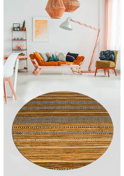 Modern Kilim Desenli Dijital Kaymaz Yıkanabilir Yuvarlak Mutfak Salon Halısı Y-Modern-17-Kahve modelleri
