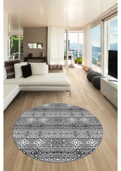 Modern Etnik Desenli Dijital Kaymaz Yıkanabilir Yuvarlak Mutfak Salon Halısı Y-Modern-19-Gri