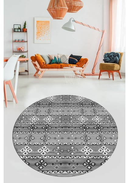 Modern Etnik Desenli Dijital Kaymaz Yıkanabilir Yuvarlak Mutfak Salon Halısı Y-Modern-19-Gri modelleri