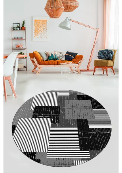 Baskılı Kaymaz Yıkanabilir Yuvarlak Mutfak Halısı Salon Halısı Y-Modern-47-Gri