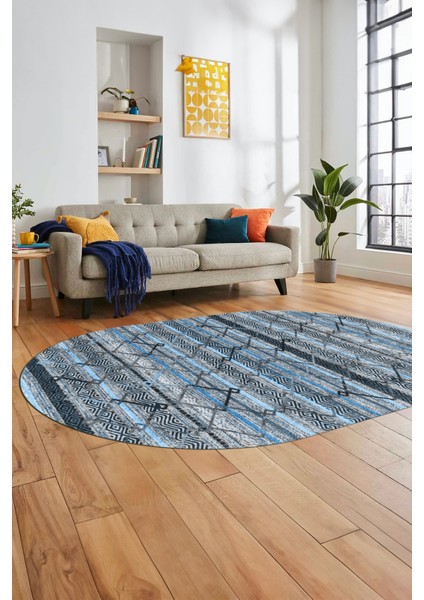 Kilim Desen Özel Tasarım Dijital Kaymaz Yıkanabilir Oval Yolluk Salon Halısı O-Modern-85-Mavi