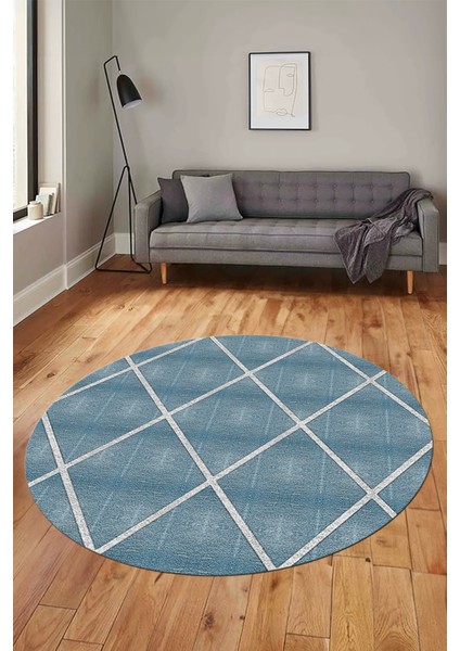 Sade Desenli Baskılı Kaymaz Taban Yıkanabilir Yuvarlak Mutfak Salon Halısı Y-MODERN-116-MAVİ