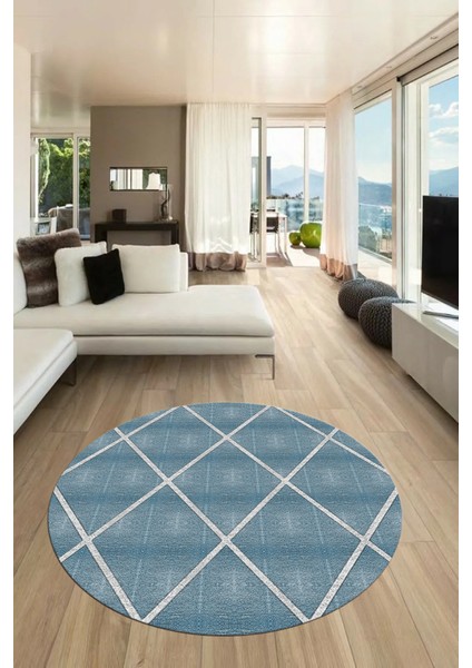 Sade Desenli Baskılı Kaymaz Taban Yıkanabilir Yuvarlak Mutfak Salon Halısı Y-MODERN-116-MAVİ modelleri