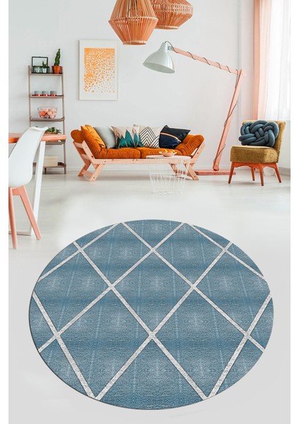 Sade Desenli Baskılı Kaymaz Taban Yıkanabilir Yuvarlak Mutfak Salon Halısı Y-MODERN-116-MAVİ indirimleri