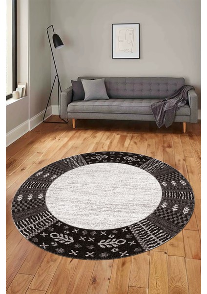 Etnik Baskılı Kaymaz Taban Yıkanabilir Yuvarlak Mutfak Salon Halısı Y-MODERN-119-VİZON