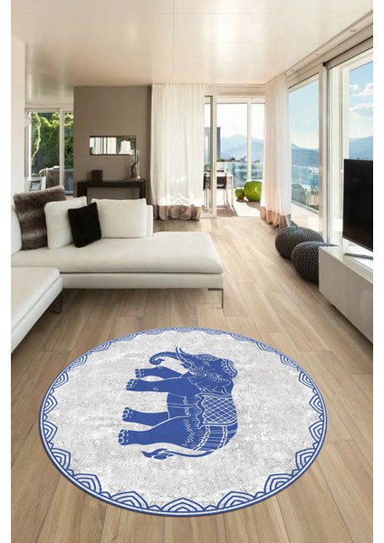 Fil Desen Baskılı Kaymaz Taban Yıkanabilir Modern Yuvarlak Salon Halısı Y-MODERN-101-MAVİ fırsatları