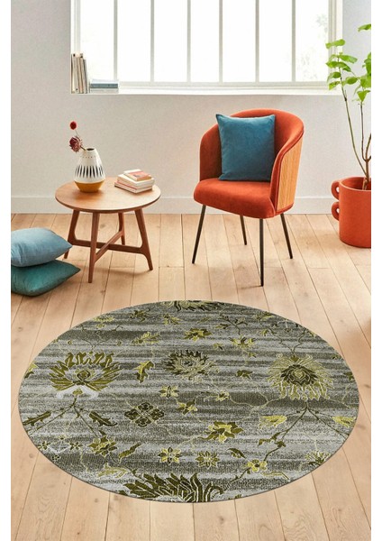 Modern Etnik Desen Dijital Kaymaz Yıkanabilir Yuvarlak Mutfak Salon Halısı Y-Modern-30-Yeşil