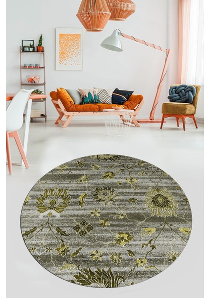 Modern Etnik Desen Dijital Kaymaz Yıkanabilir Yuvarlak Mutfak Salon Halısı Y-Modern-30-Yeşil
