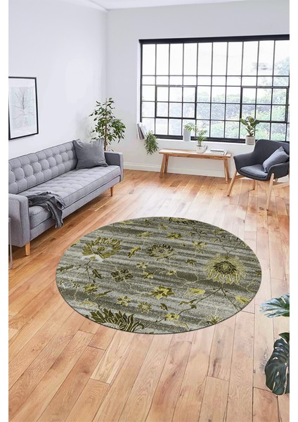 Modern Etnik Desen Dijital Kaymaz Yıkanabilir Yuvarlak Mutfak Salon Halısı Y-Modern-30-Yeşil