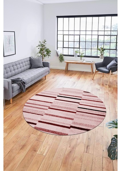 Şık Sade Kilim Desenli Dijital Kaymaz Yıkanabilir Yuvarlak Mutfak Salon Halısı Y-Modern-74-Pembe