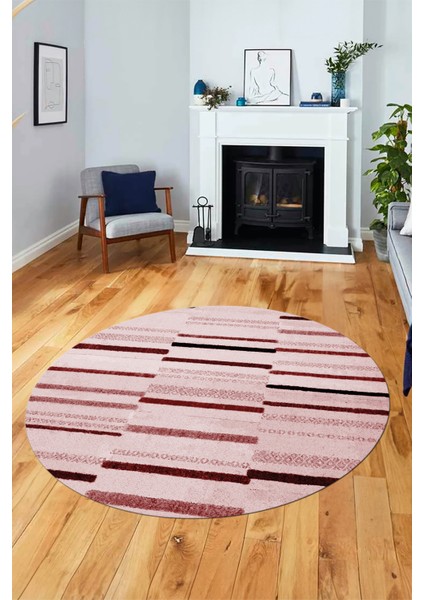 Şık Sade Kilim Desenli Dijital Kaymaz Yıkanabilir Yuvarlak Mutfak Salon Halısı Y-Modern-74-Pembe fiyatları