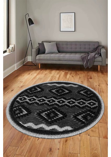 3D Kaymaz Yıkanabilir Şık Kilim Desen Yuvarlak Mutfak Halısı Salon Halısı Y-Modern-68-Antrasit fırsatları