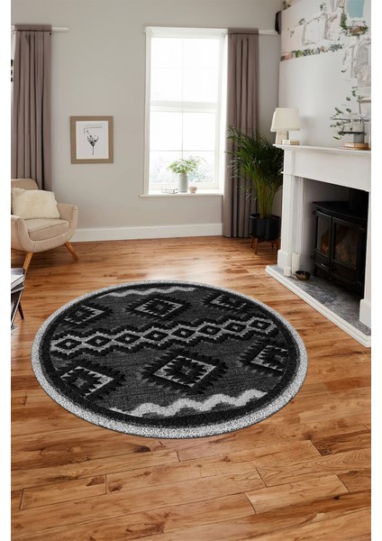 3D Kaymaz Yıkanabilir Şık Kilim Desen Yuvarlak Mutfak Halısı Salon Halısı Y-Modern-68-Antrasit indirimleri