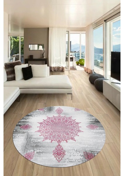 Baskılı Kaymaz Taban Yıkanabilir Göbekli Modern Mutfak Yuvarlak Salon Halısı Y-Modern-06-Pembe fiyatları