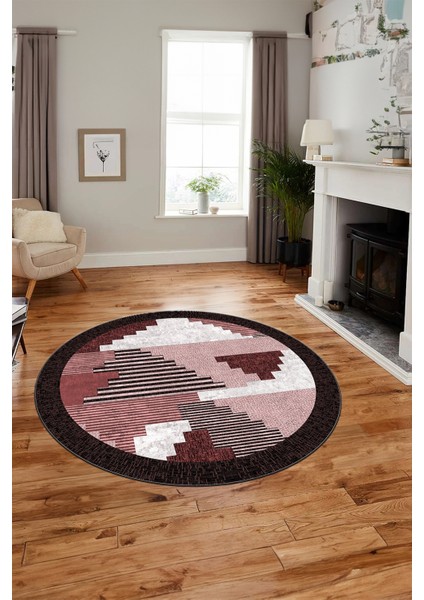 Özel Modern Desenli Dijital Kaymaz Yıkanabilir Yuvarlak Mutfak Salon Halısı Y-Modern-11-Bordo