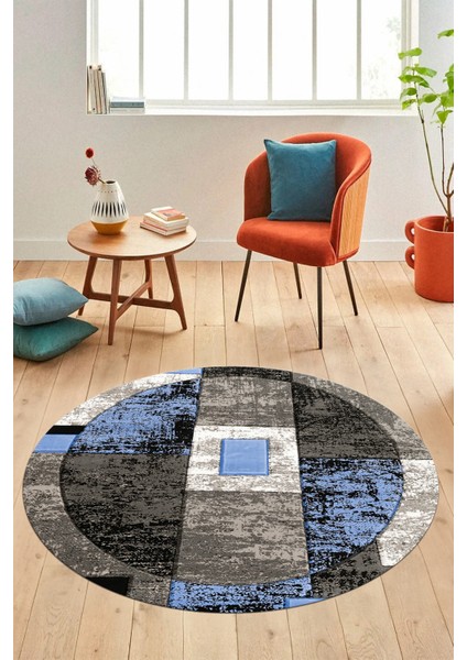 Modern Göbekli Desen Dijital Kaymaz Yıkanabilir Yuvarlak Mutfak Salon Halısı Y-Modern-33-Mavi