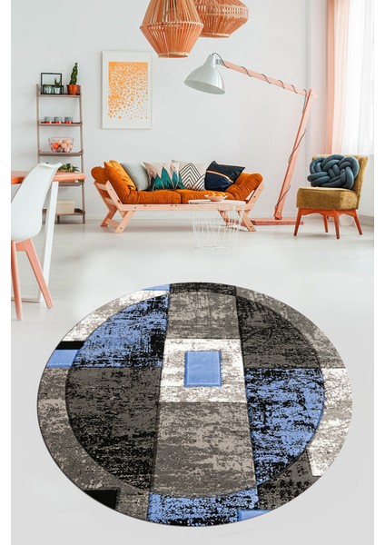 Modern Göbekli Desen Dijital Kaymaz Yıkanabilir Yuvarlak Mutfak Salon Halısı Y-Modern-33-Mavi fiyatları
