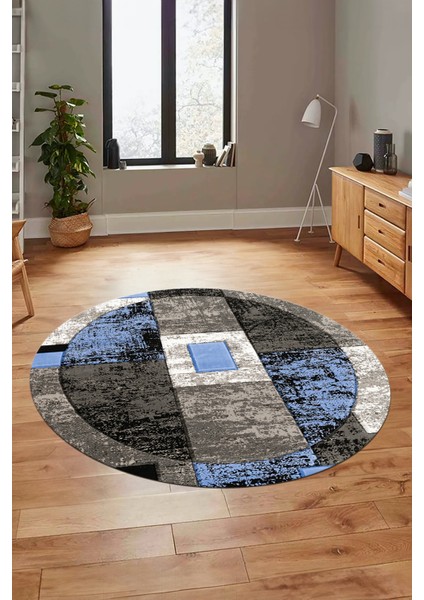 Modern Göbekli Desen Dijital Kaymaz Yıkanabilir Yuvarlak Mutfak Salon Halısı Y-Modern-33-Mavi indirimleri