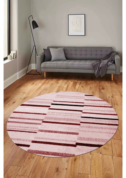 Şık Sade Kilim Desenli Dijital Kaymaz Yıkanabilir Yuvarlak Mutfak Salon Halısı Y-Modern-74-Pembe fırsatları