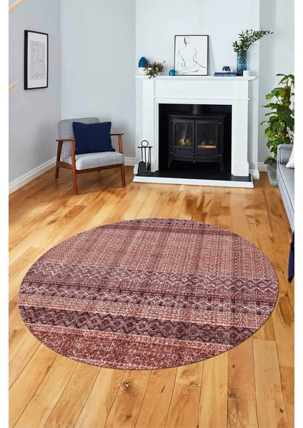 Baskılı Kaymaz Yıkanabilir Şık Kilim Desen Yuvarlak Mutfak Halısı Salon Halısı Y-Modern-70-Bordo