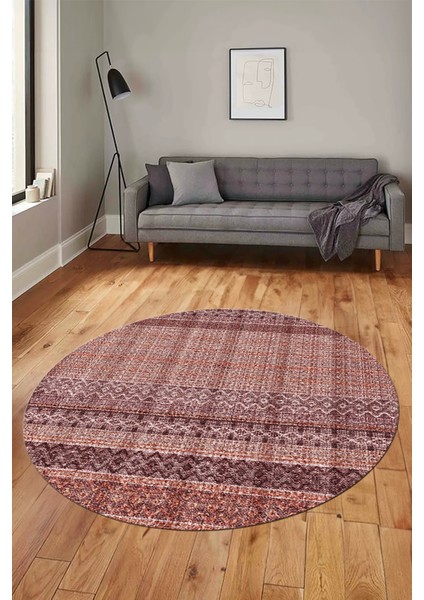 Baskılı Kaymaz Yıkanabilir Şık Kilim Desen Yuvarlak Mutfak Halısı Salon Halısı Y-Modern-70-Bordo