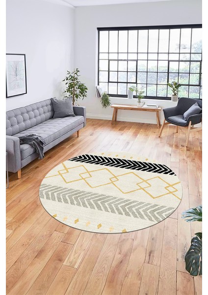 Sade Modern Kilim Desen Kaymaz Yıkanabilir Yuvarlak Mutfak Salon Halısı Y-Modern-75-Krem