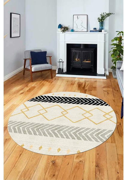 Sade Modern Kilim Desen Kaymaz Yıkanabilir Yuvarlak Mutfak Salon Halısı Y-Modern-75-Krem fiyatları