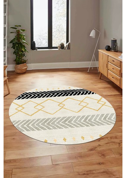 Sade Modern Kilim Desen Kaymaz Yıkanabilir Yuvarlak Mutfak Salon Halısı Y-Modern-75-Krem modelleri
