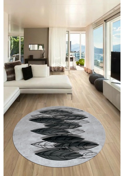 Baskılı Kaymaz Taban Yıkanabilir Yaprak Desenli Mutfak Yuvarlak Salon Halısı Y-Modern-08-Gri fiyatları