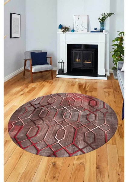 Modern Desen Dijital Kaymaz Yıkanabilir Yuvarlak Mutfak Salon Halısı Y-Modern-90-Pembe