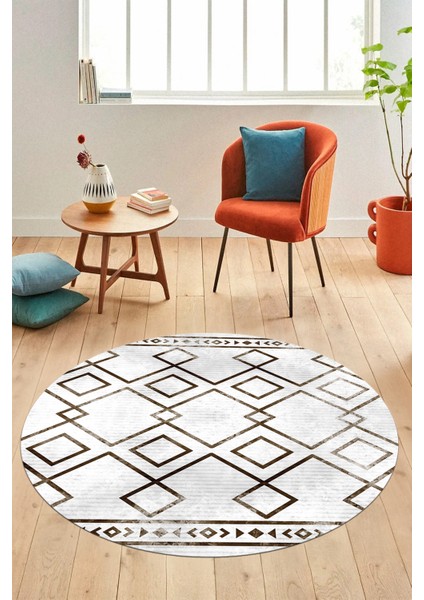 Modern Sade Desen Dijital Kaymaz Yıkanabilir Yuvarlak Mutfak Salon Halısı Y-Modern-91-Kahve indirimleri