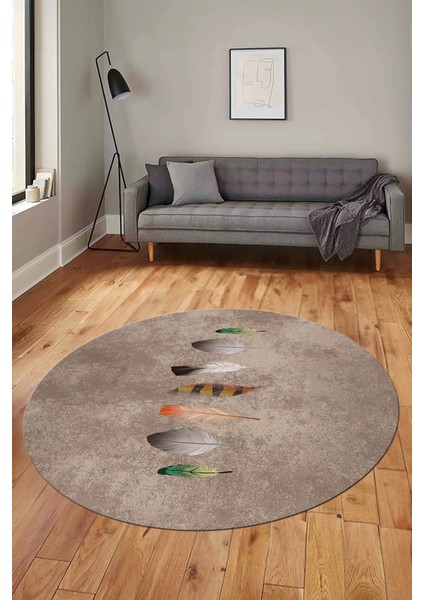Yaprak Desenli Baskılı Kaymaz Taban Yıkanabilir Yuvarlak Mutfak Salon Halısı Y-MODERN-115-KAHVE