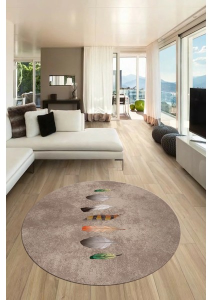 Yaprak Desenli Baskılı Kaymaz Taban Yıkanabilir Yuvarlak Mutfak Salon Halısı Y-MODERN-115-KAHVE modelleri