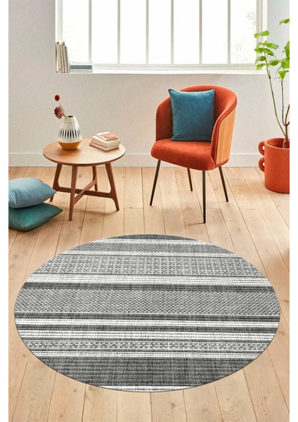 Modern Kilim Desen Dijital Kaymaz Yıkanabilir Yuvarlak Mutfak Salon Halısı Y-Modern-36-Gri