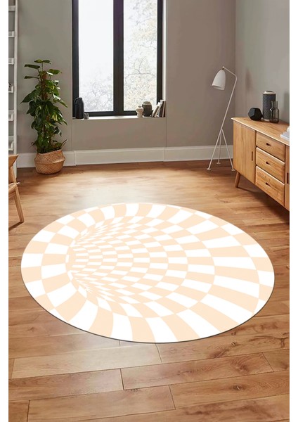 3D Renkli Modern Tasarım Kaymaz Yıkanabilir Yuvarlak Mutfak Salon Halısı Y-Modern-78-Krem