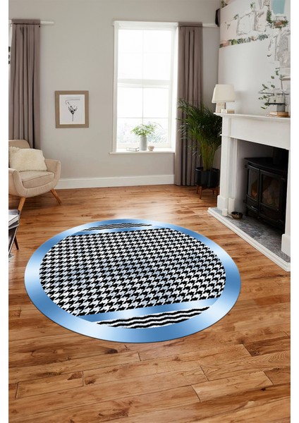 Baskılı Ince Kaymaz Taban Yıkanabilir Sade Modern Mutfak Yuvarlak Salon Halısı Y-Modern-10-Mavi