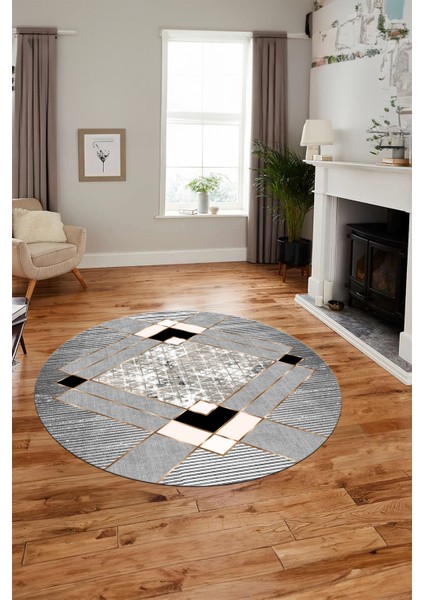 Şık Modern Desenli Dijital Kaymaz Yıkanabilir Yuvarlak Mutfak Salon Halısı Y-Modern-12-Gri