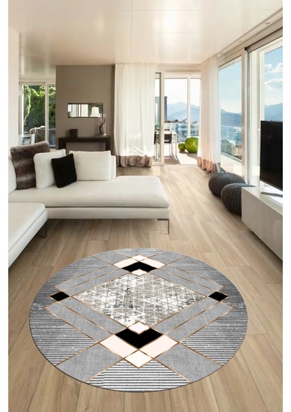 Şık Modern Desenli Dijital Kaymaz Yıkanabilir Yuvarlak Mutfak Salon Halısı Y-Modern-12-Gri fiyatları