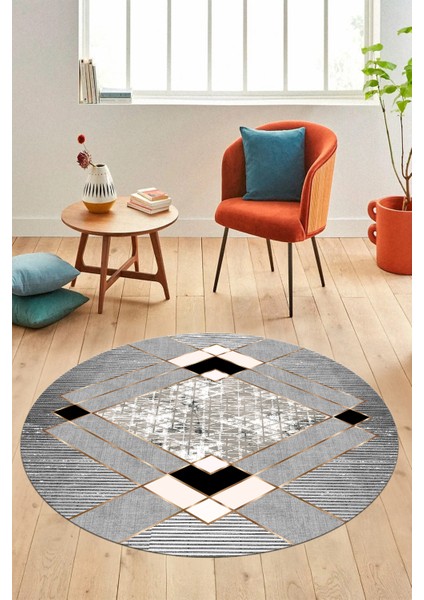 Şık Modern Desenli Dijital Kaymaz Yıkanabilir Yuvarlak Mutfak Salon Halısı Y-Modern-12-Gri modelleri