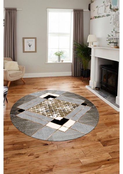 Şık Modern Desenli Dijital Kaymaz Yıkanabilir Yuvarlak Mutfak Salon Halısı Y-Modern-12-Kahve