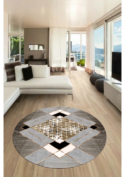 Şık Modern Desenli Dijital Kaymaz Yıkanabilir Yuvarlak Mutfak Salon Halısı Y-Modern-12-Kahve fiyatları