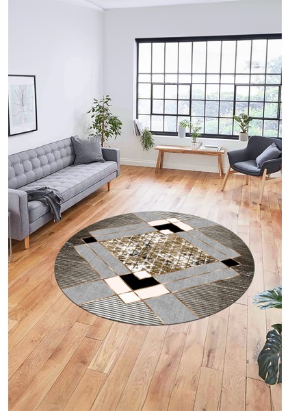 Şık Modern Desenli Dijital Kaymaz Yıkanabilir Yuvarlak Mutfak Salon Halısı Y-Modern-12-Kahve indirimleri