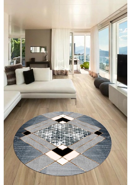 Şık Modern Desenli Dijital Kaymaz Yıkanabilir Yuvarlak Mutfak Salon Halısı Y-Modern-12-Mavi fiyatları