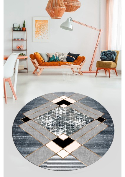 Şık Modern Desenli Dijital Kaymaz Yıkanabilir Yuvarlak Mutfak Salon Halısı Y-Modern-12-Mavi fırsatları