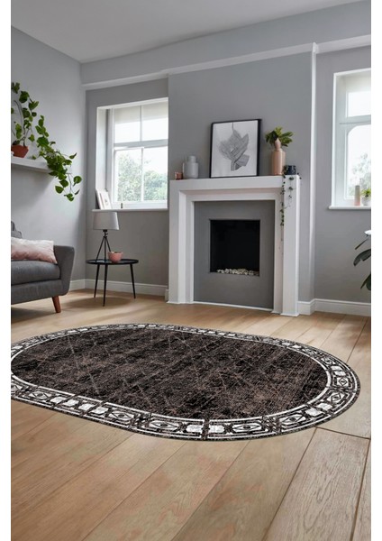 Çerçeveli Baskılı Kaymaz Taban Yıkanabilir Oval Yolluk Mutfak Salon Halısı O-MODERN-118-KAHVE
