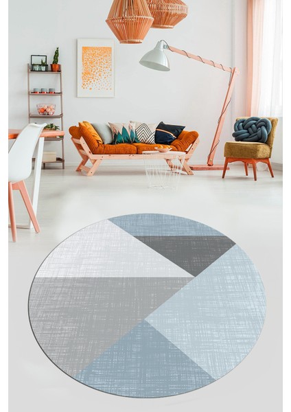 Baskılı Kaymaz Yıkanabilir Modern Yuvarlak Mutfak Salon Halısı Y-Modern-38-Mavi