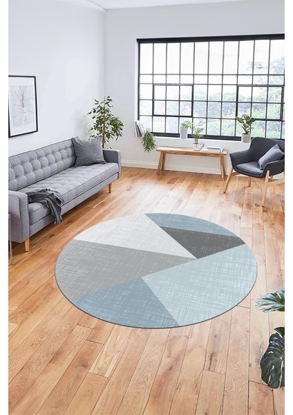 Baskılı Kaymaz Yıkanabilir Modern Yuvarlak Mutfak Salon Halısı Y-Modern-38-Mavi